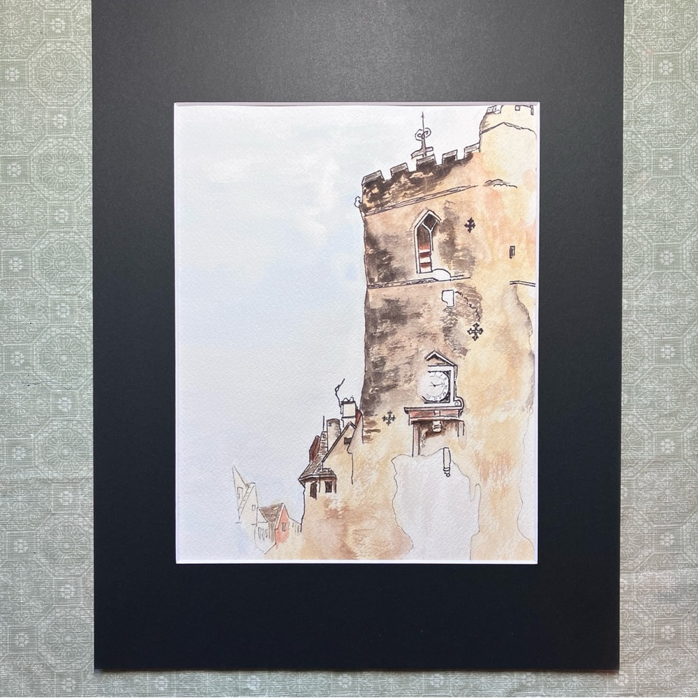 Hand Painted Watercolor Castle Tower Art Painting in Black Matting